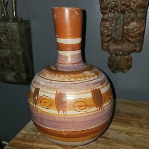 Vintage Mexican Canelo Pottery Handcrafted Vase with Earthy Tones Aztec Tribal